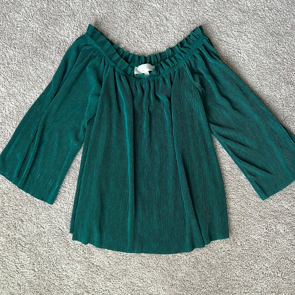 J.O.A. Tops - Anthropologie J.O.A. Green Plisse Pleated Off The Shoulder Blouse